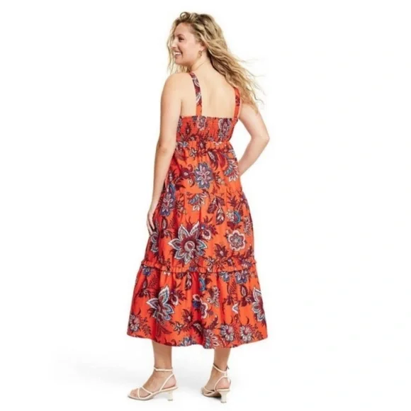 RHODE x Target Leafy Floral Print Tiered Midi Dress Orange Womens  XXL - Picture 3 of 11